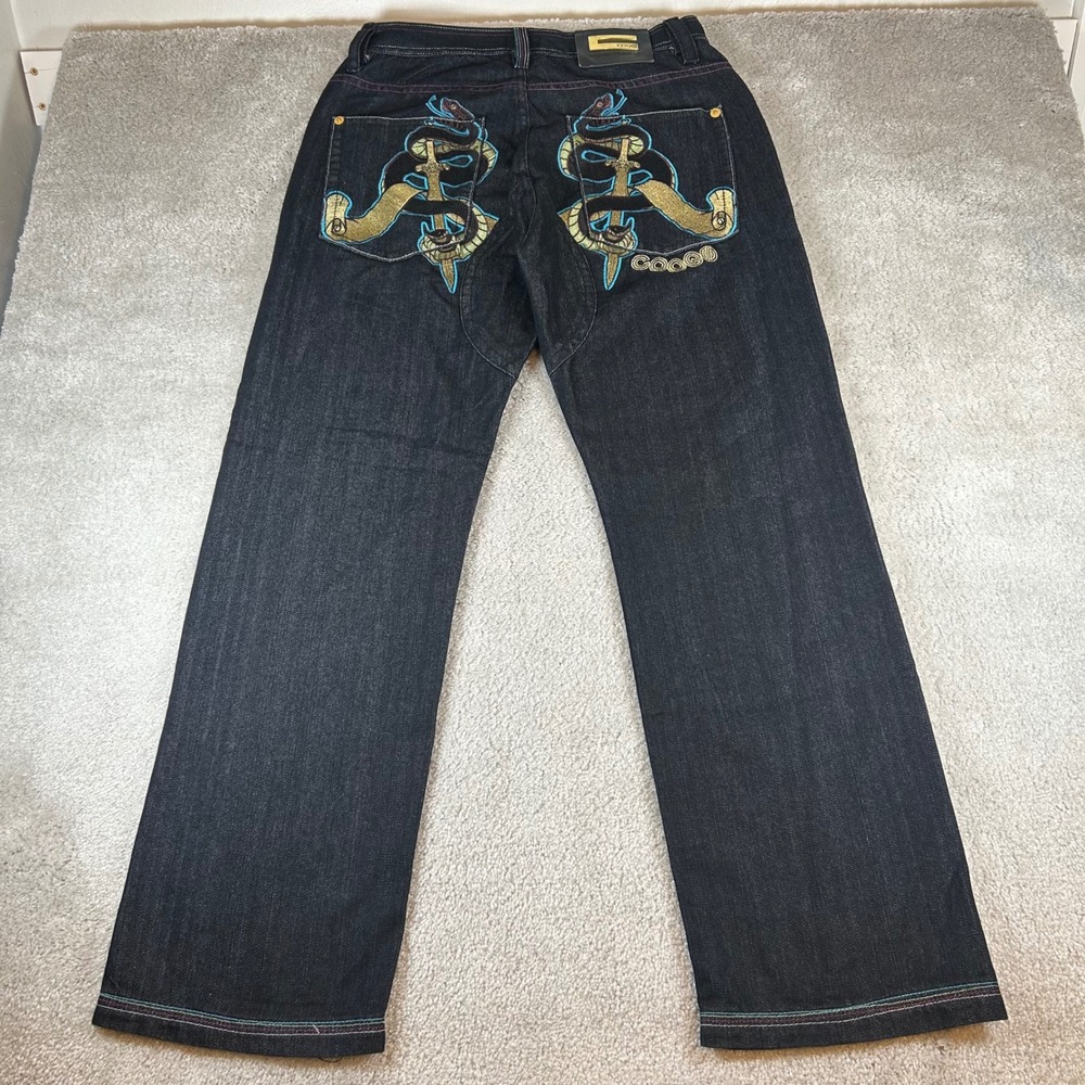 VTG Coogi Jeans Mens 34x34 Dark Indigo Straight Leg Embroidered Snake Dagger Y2K